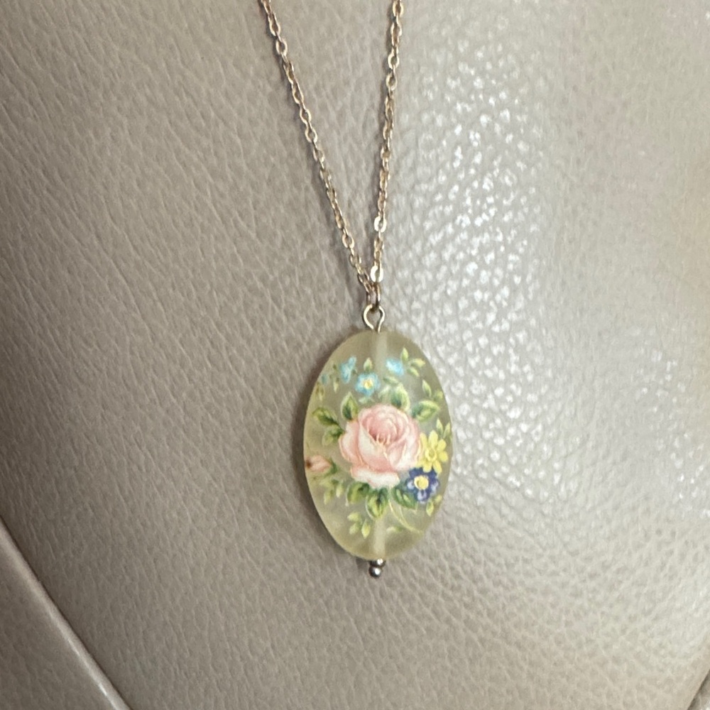 Vintage Painted Glass Floral Pendant Necklace with Gold Chain - Picture 3 of 3